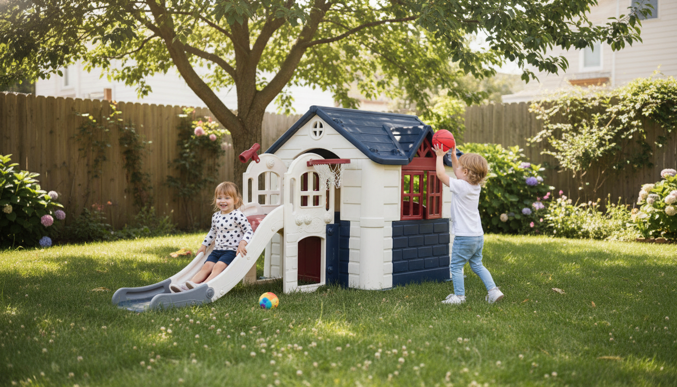 7-in-1 Outdoor Kids Playhouse Cottage with Slide