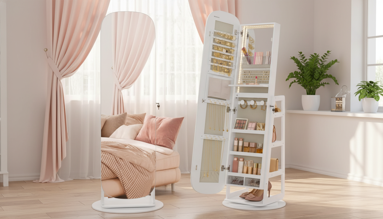 Lockable Swivel Mirror Jewelry Cabinet with LEDs