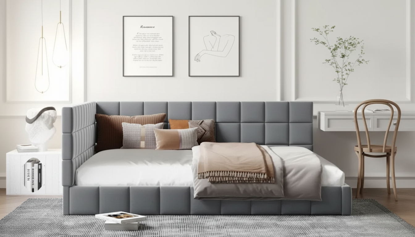 Modern Grey Wooden Daybed Frame: Slat Support, No Box Spring