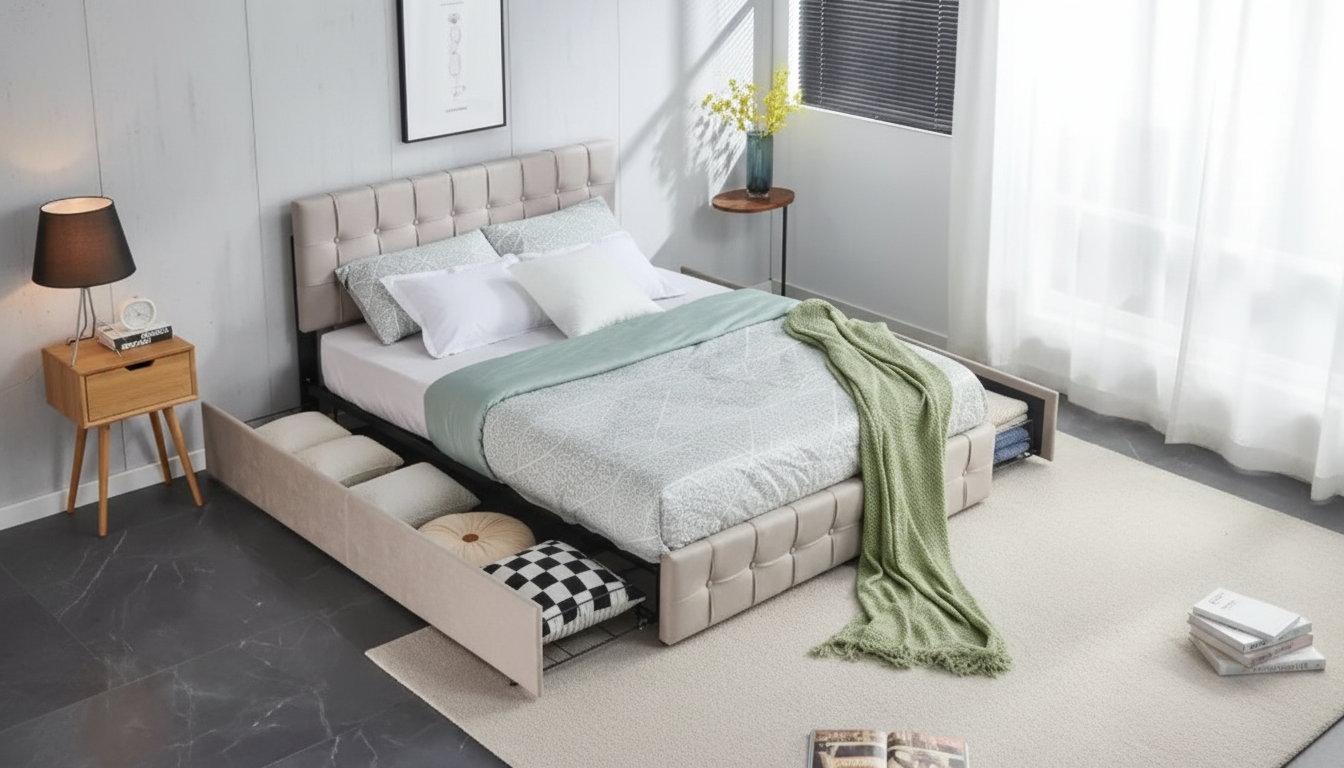 Queen Upholstered Storage Bed with Square-Tufted Headboard